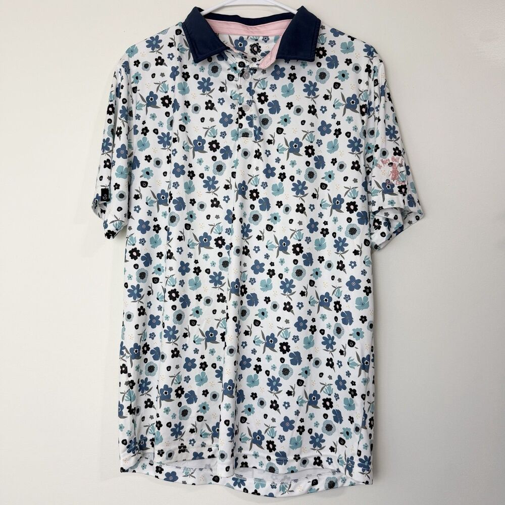 Swannies Golf Polo White Blue Floral Men’s L